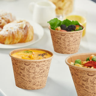 8oz/ 12oz Brown Microwavable Pattern Kraft Paper Soup Containers with Lids - Hot Soup & Storing Food - LITOPAK - JOLLYCHEF
