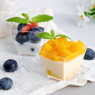2oz/ 3oz Square Plastic Dessert Cups with Spoons - Party & Special Events Use - Jolly Chef
