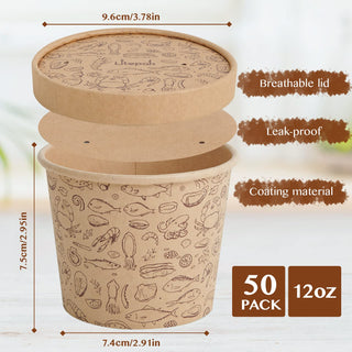 8oz/ 12oz Brown Microwavable Pattern Kraft Paper Soup Containers with Lids - Hot Soup & Storing Food - LITOPAK - JOLLYCHEF