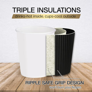 8oz/ 12oz/ 16oz Elegant Black Ripple Wall Durable Paper Coffee Cups - Tea Hot Chocolate & Office - Jolly Pack - JOLLYCHEF