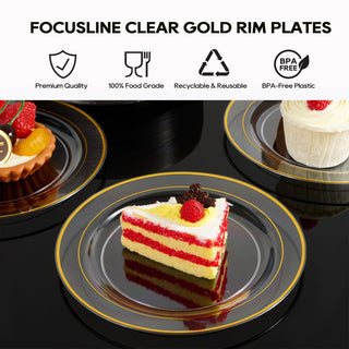 7in /10in Elegant Clear Plastic Plates with Gold Rim - Wedding & Birthday Party - FOCUSLINE - JOLLYCHEF