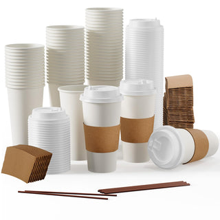 Multiple Size White Paper Coffee Cups with Lids & Sleeves & Straws - Hot/Cold Drinking & Office - Jolly Party - JOLLYCHEF