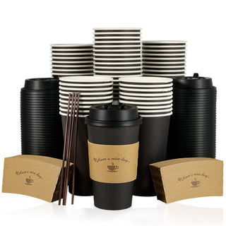 Multiple Size Black Paper Coffee Cups With Black Lids & Sleeves & Stirring Sticks - Office & Party - LITOPAK - JOLLYCHEF