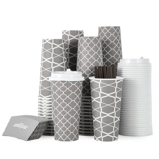 Multiple Size Gray Paper Coffee Cups with Lids & Sleeves & Straws - To Go Cups & Home - Jolly Party - JOLLYCHEF