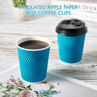 8oz/ 12oz/ 16oz Blue Ripple Wall Paper Coffee Cups with Lids and Straw - Hot Drinks & Cafe - DAILYPACK - JOLLYCHEF