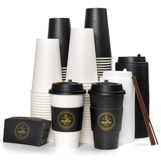 12oz/ 16oz Black & White Paper Coffee Cups With Lids & Sleeves & Stirrers - Office & Cafe - Jolly Chef - JOLLYCHEF
