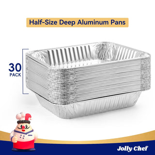 Stack of 30 half-size deep aluminum foil pans for food-grade baking and catering.