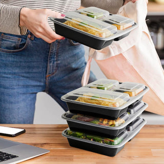 32oz Black Square 3 - Compartment Microwave - Safe Meal Prep Containers with Lids - Lunch Boxes & Meal Prep - MUCHII - JOLLYCHEF