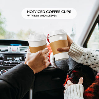 Multiple Size White Paper Coffee Cups with Lids & Sleeves & Straws - Hot/Cold Drinking & Office - Jolly Party - JOLLYCHEF