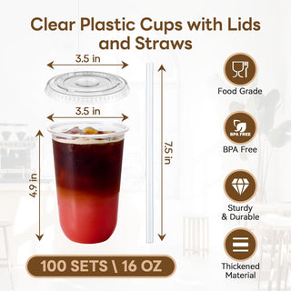 12oz/16oz Bulk Plastic Cups with Lids and Starws | U Shaped Drinkware for Iced Coffee, Smoothies, Lemonade | BPA Free | Cafe Supply