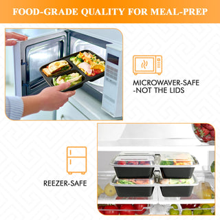 32oz Black Square 3 - Compartment Microwave - Safe Meal Prep Containers with Lids - Lunch Boxes & Meal Prep - MUCHII - JOLLYCHEF