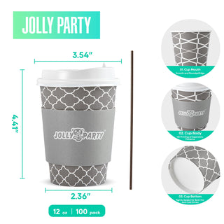 Multiple Size Gray Paper Coffee Cups with Lids & Sleeves & Straws - To Go Cups & Home - Jolly Party - JOLLYCHEF