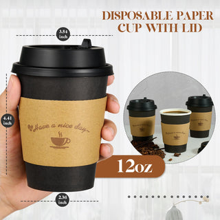Multiple Size Black Paper Coffee Cups With Black Lids & Sleeves & Stirring Sticks - Office & Party - LITOPAK - JOLLYCHEF