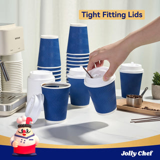 12oz/ 16oz Blue Ripple Wall Paper Coffee Cups with Lids & Stirrers - Hot/Cold Drinking & Office - Jolly Chef - JOLLYCHEF