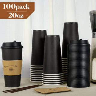 Multiple Size Black Paper Coffee Cups With Black Lids & Sleeves & Stirring Sticks - Office & Party - LITOPAK - JOLLYCHEF