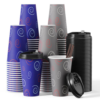 12oz/16oz/20oz Purple& Gray Paper Coffee Cups with Lids and Straw - Office & Travel - TV TOPVALUE - JOLLYCHEF