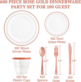 Rose gold dinnerware set for 100 guests: plates, cups, spoons, forks, and knives. 600-piece party set.