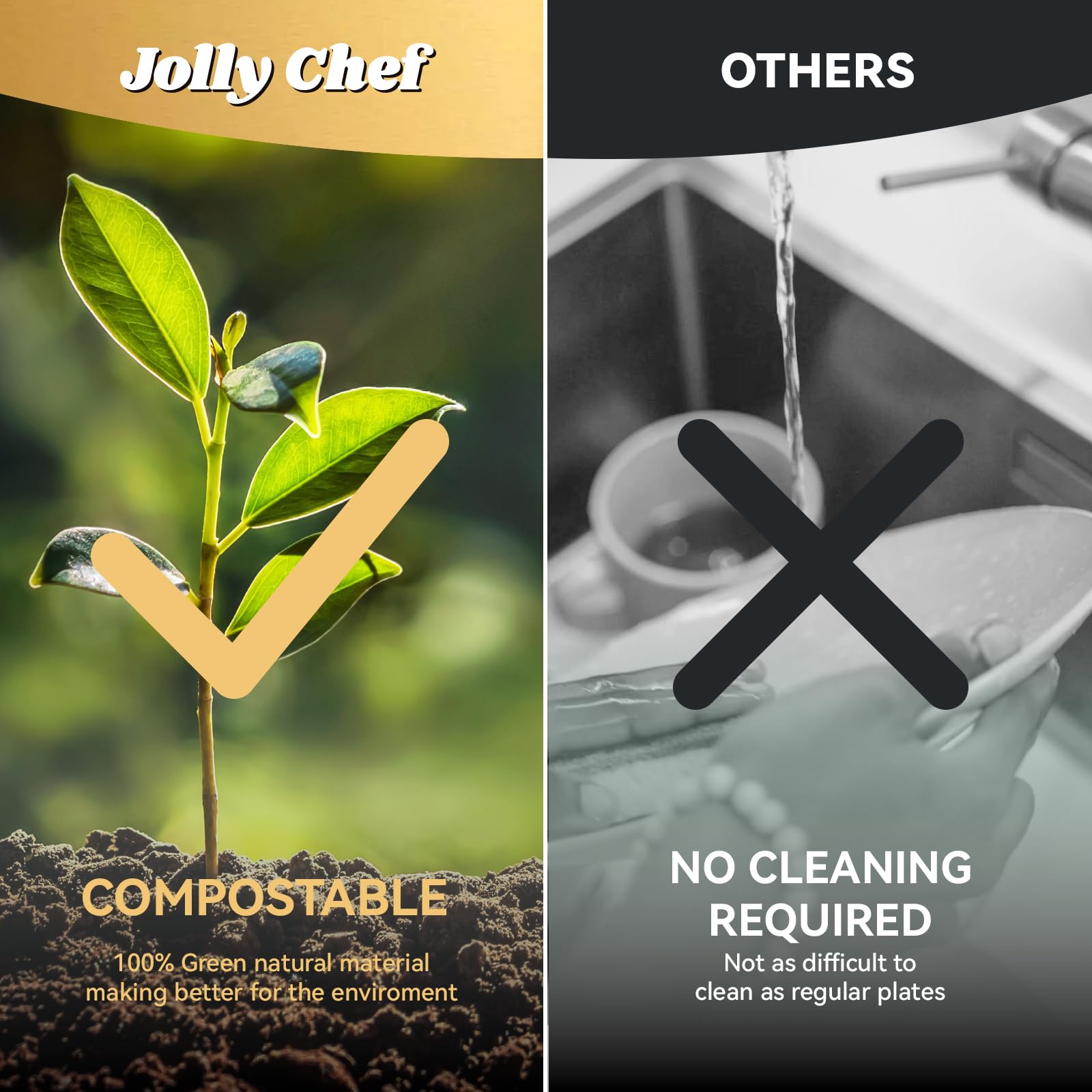 Jolly Chef blog content from February 2025 A Jolly Chef comparison ad: left side highlights “COMPOSTABLE” with a plant and checkmark, right side shows “NO CLEANING REQUIRED” via a sink scene with a cross mark.
