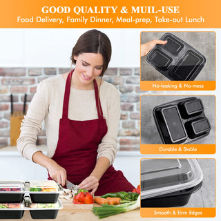32oz Black Square 3 - Compartment Microwave - Safe Meal Prep Containers with Lids - Lunch Boxes & Meal Prep - MUCHII - JOLLYCHEF
