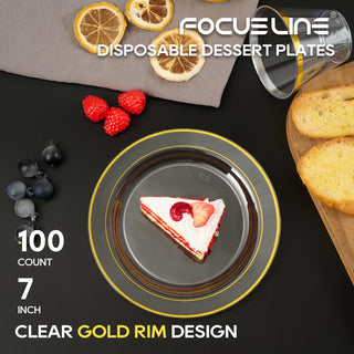 7in /10in Elegant Clear Plastic Plates with Gold Rim - Wedding & Birthday Party - FOCUSLINE - JOLLYCHEF