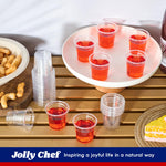 Clear plastic shot cups with red liquid, stacked cups, and snacks for parties and events. Jolly Chef branded.