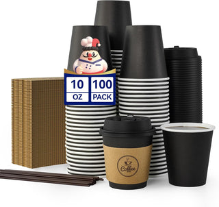 Bulk Black Coffee Cup Sets | Paper to-Go Cups for Coffee, Tea, Hot Chocolate | Food-Grade | Cafe Supply