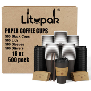 Multiple Size Black Paper Coffee Cups With Black Lids & Sleeves & Stirring Sticks - Office & Party - LITOPAK - JOLLYCHEF