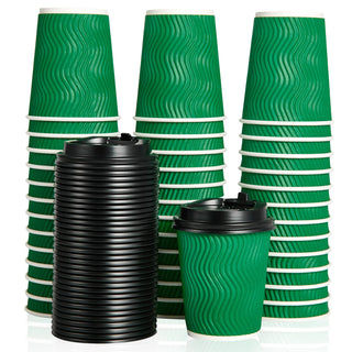 8oz/ 12oz/ 16oz Green Ripple Wall Paper Coffee Cups with Lids and Straw - Hot Drinks & Cafe - DAILYPACK - JOLLYCHEF