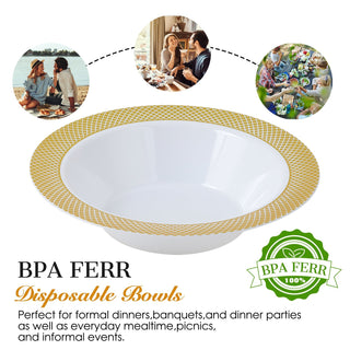 12oz White with Gold Rim Wide Rim Plastic Bowls - Party & Wedding - Jolly Chef - JOLLYCHEF