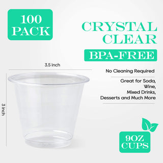 Clear, BPA-free disposable cups in a 100-pack, 9oz size, ideal for beverages and desserts, no cleaning needed.