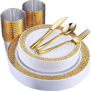 Service de table doré, assiettes en plastique élégantes jetables, idéales pour les fêtes