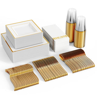Gold-rimmed disposable plates, cups, napkins, forks, spoons, and knives for an elegant party.