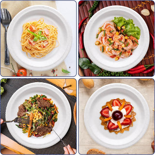 Four white paper plates each holding a different meal: spaghetti, shrimp salad, beef salad, and a dessert tart.