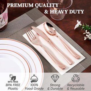 Rose gold plastic cutlery set: fork, knife, spoon on a white napkin. "Premium Quality & Heavy Duty" text overlay.