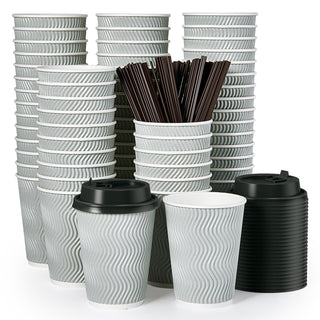 8oz/ 12oz/ 16oz Gray Ripple Wall Paper Coffee Cups with Lids and Straw - Hot Drinks & Cafe - MUCHII - JOLLYCHEF