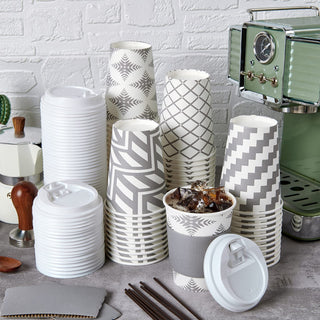 Multiple Size Four Designs Paper Coffee Cups with Lid & Sleeve & Straws - Home & Cafe - LITOPAK - JOLLYCHEF