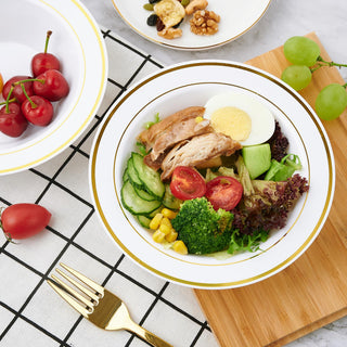 12oz White with Gold Rim Round Plastic Bowls - Fruits & Parties - JOLLY PARTY - JOLLYCHEF