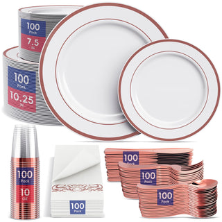 Rose Gold Rimmed Plastic Dinnerware Set - Dinner & Salad Plates, Cups, Cutlery Set, Napkin - Wedding & Birthday Parties - Jolly Chef