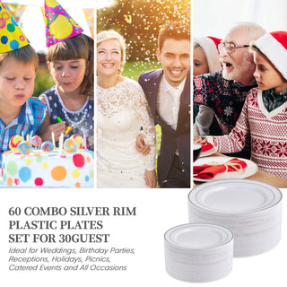 White with Silver Rim Elegant Plastic Plate Set - Weddings & Birthday Parties - FOCUSLINE - JOLLYCHEF