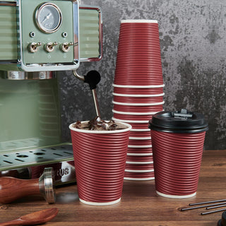 12oz Red Ripple Wall Paper Coffee Cups with Lids and Straw - Hot Drinks & Cafe - LITOPAK - JOLLYCHEF