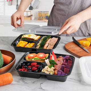 32oz Black Square 3 - Compartment Microwave - Safe Meal Prep Containers with Lids - Lunch Boxes & Meal Prep - MUCHII - JOLLYCHEF