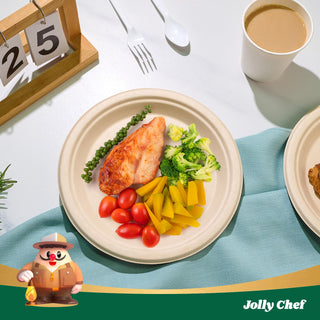 A healthy meal featuring grilled chicken, tomatoes, broccoli, and pumpkin on a biodegradable plate Jolly Chef Compostable White&Natural Plates  coffee.