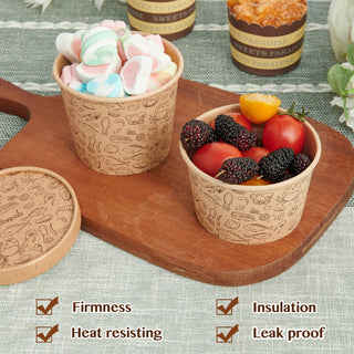 8oz/ 12oz Brown Microwavable Pattern Kraft Paper Soup Containers with Lids - Hot Soup & Storing Food - LITOPAK - JOLLYCHEF