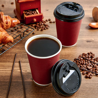 12oz Red Ripple Wall Paper Coffee Cups with Lids and Straw - Hot Drinks & Cafe - LITOPAK - JOLLYCHEF