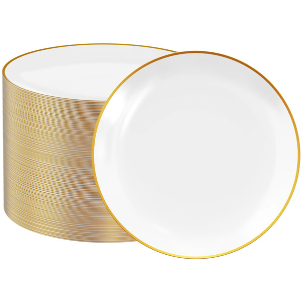 7in/10.25in Bulk Plastic Plates with Gold Rim | Gold-Trimmed Plates for salads, desserts, entrees | BPA-Free | Restaurant Supply