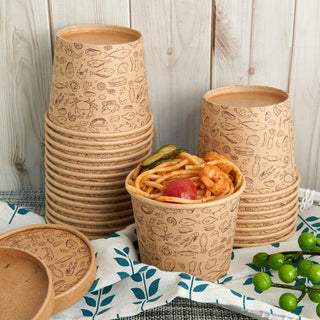 8oz/ 12oz Brown Microwavable Pattern Kraft Paper Soup Containers with Lids - Hot Soup & Storing Food - LITOPAK - JOLLYCHEF