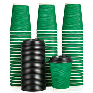 8oz/ 12oz/ 16oz Green Ripple Wall Paper Coffee Cups with Lids and Straw - Hot Drinks & Cafe - DAILYPACK - JOLLYCHEF