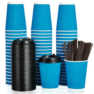 8oz/ 12oz/ 16oz Blue Ripple Wall Paper Coffee Cups with Lids and Straw - Hot Drinks & Cafe - DAILYPACK - JOLLYCHEF