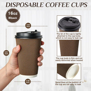 10oz/ 12oz/16oz Brown Ripple Wall Paper Coffee Cups with Lids and Straw - Hot Drinks & Cafe - LITOPAK - JOLLYCHEF