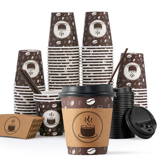Multiple Size Brown Paper Coffee Cups with Lids & Sleeves & Straws - Hot Coffee & Office - Jolly Party - JOLLYCHEF
